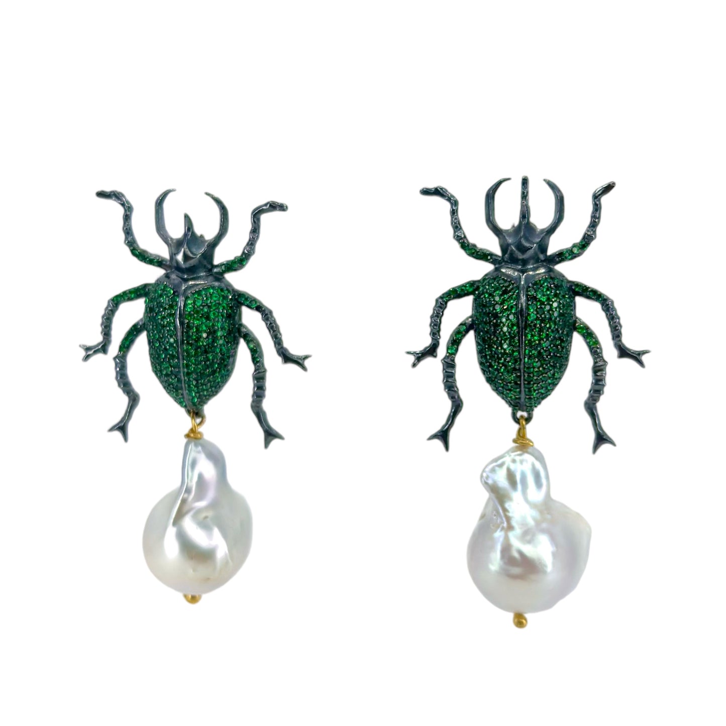 Handmade Silver Green Scarab Earrings with Baroque Pearls