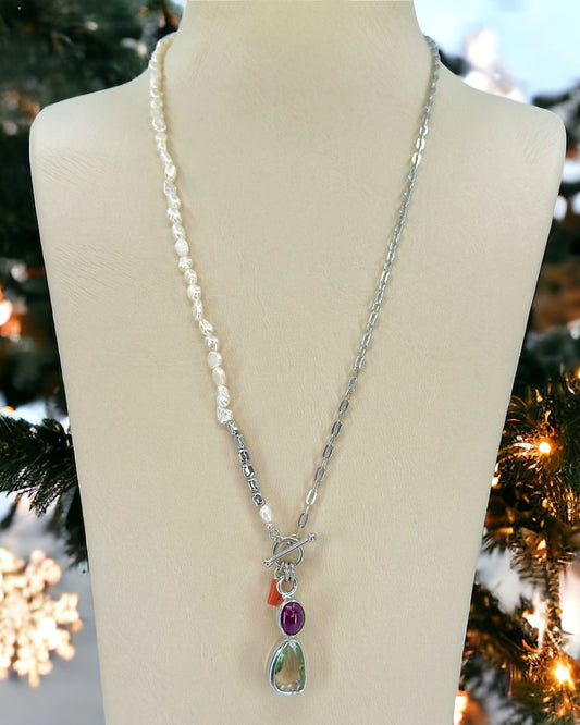 Ametisit Akik Taşlı Gümüş Seyran İnci Kolye