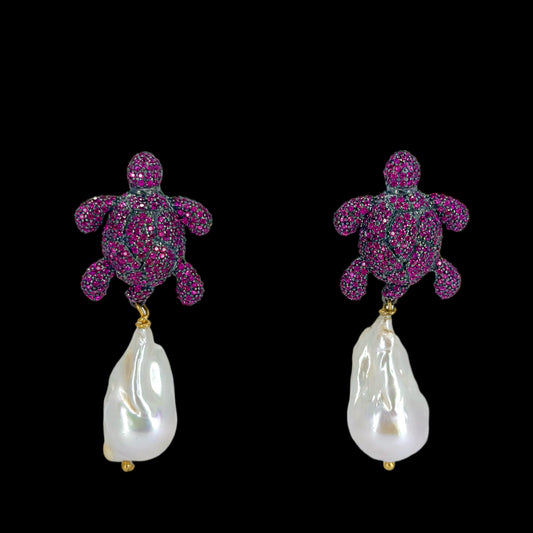 Barok İncili Gümüş Pembe Kaplumbağa Küpe