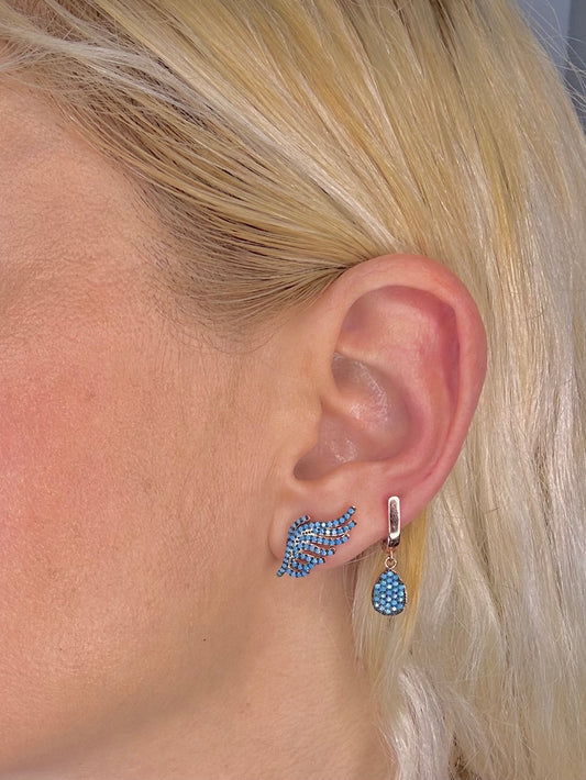 925 Ayar Gümüş Altın Kaplama Şans Meleği Mavi Kanat ve Damla Kıkırdak küpe seti