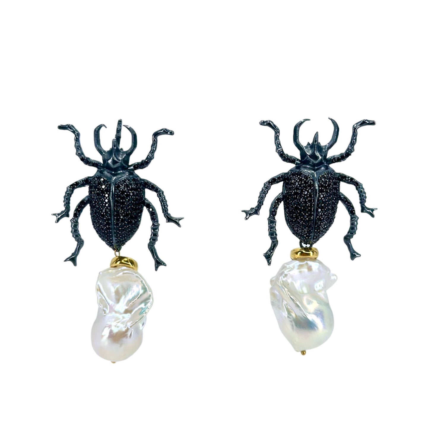 Barok İncili Gümüş Siyah Scarab Küpe