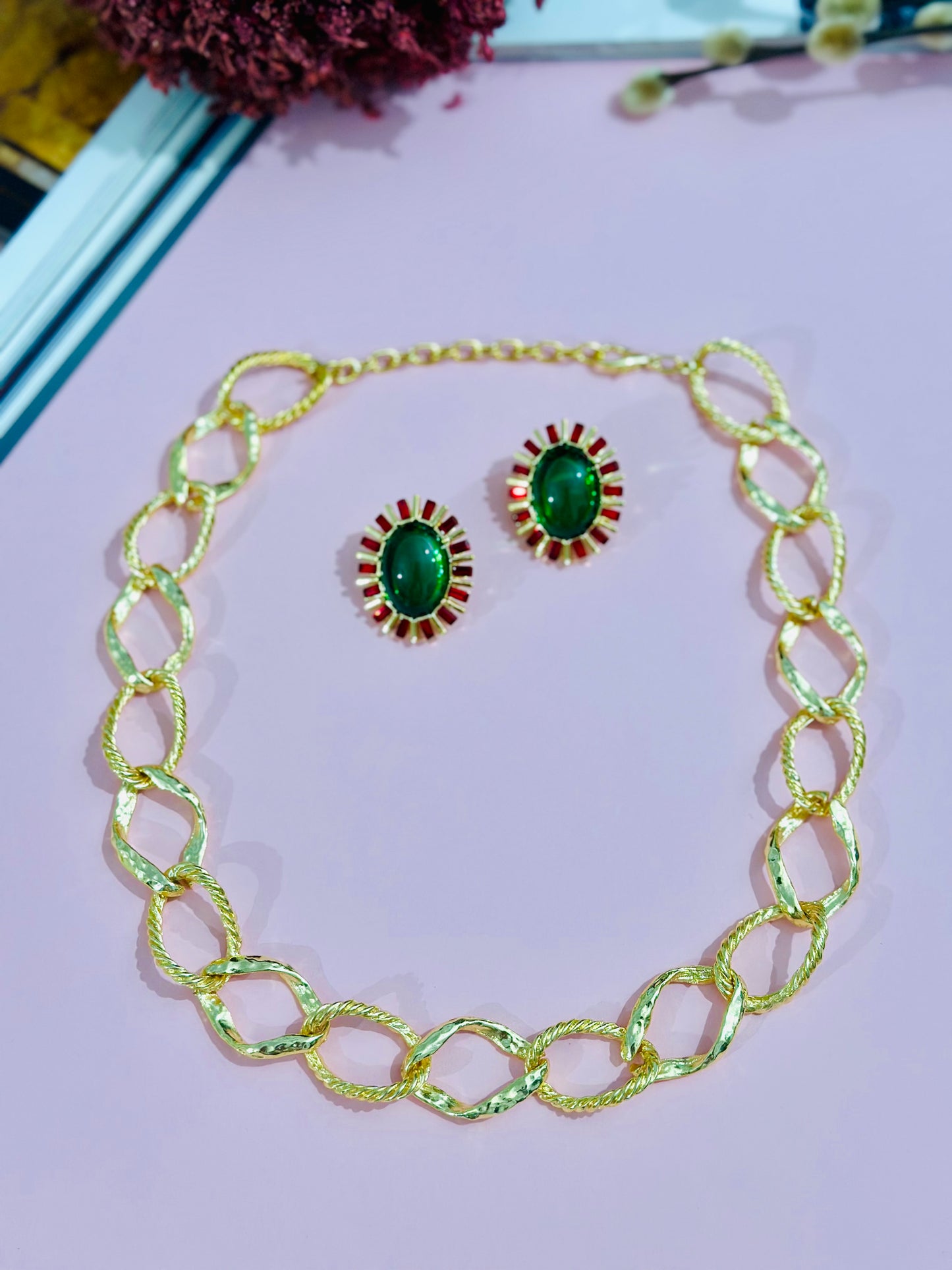 Kırmızı Yeşil Taşlı Küpe Kolye Set