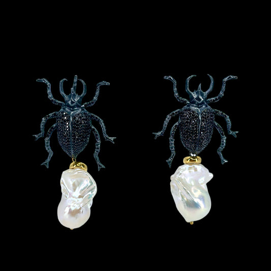 Barok İncili Gümüş Siyah Scarab Küpe