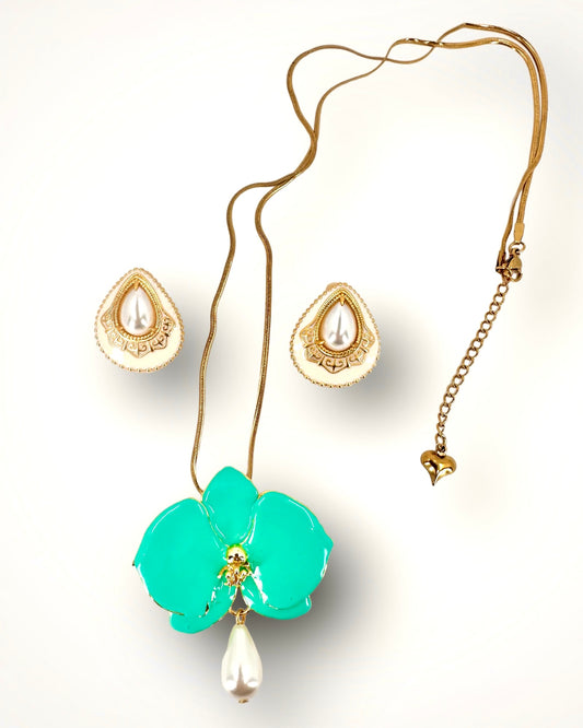 İnci Küpeli Orkide Kolye Küpe Set