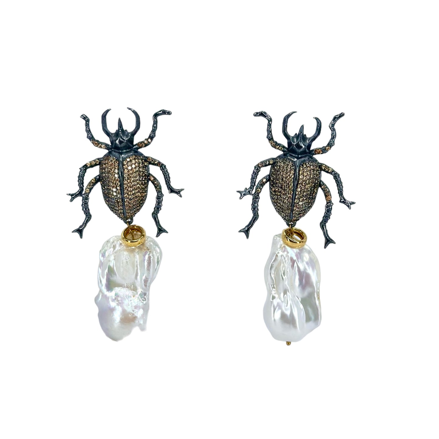 Barok İncili Gümüş Şampanya Scarab Küpe