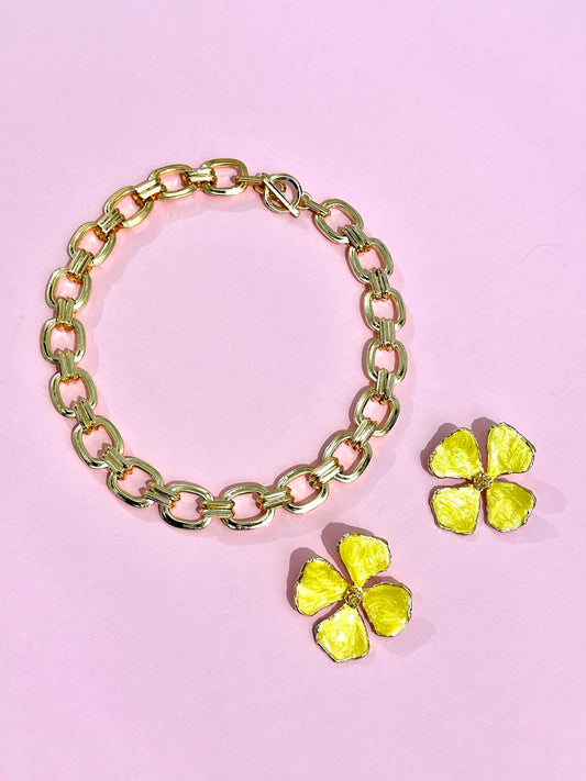 Sarı Yonca Küpe Kolye Set