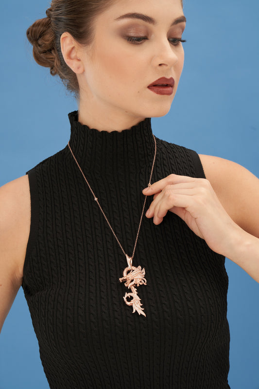 Beyaz Taşlı Rose Dragon Kolye