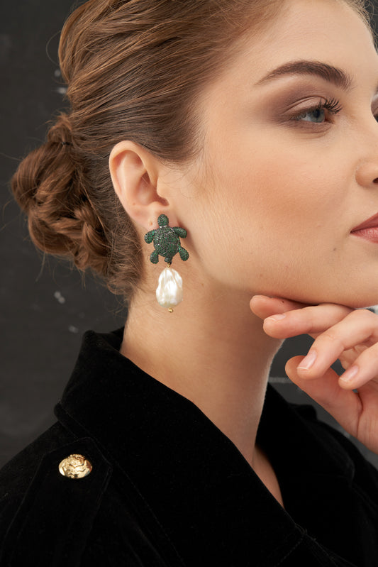 Barok İncili Gümüş Yeşil Kaplumbağa Küpe