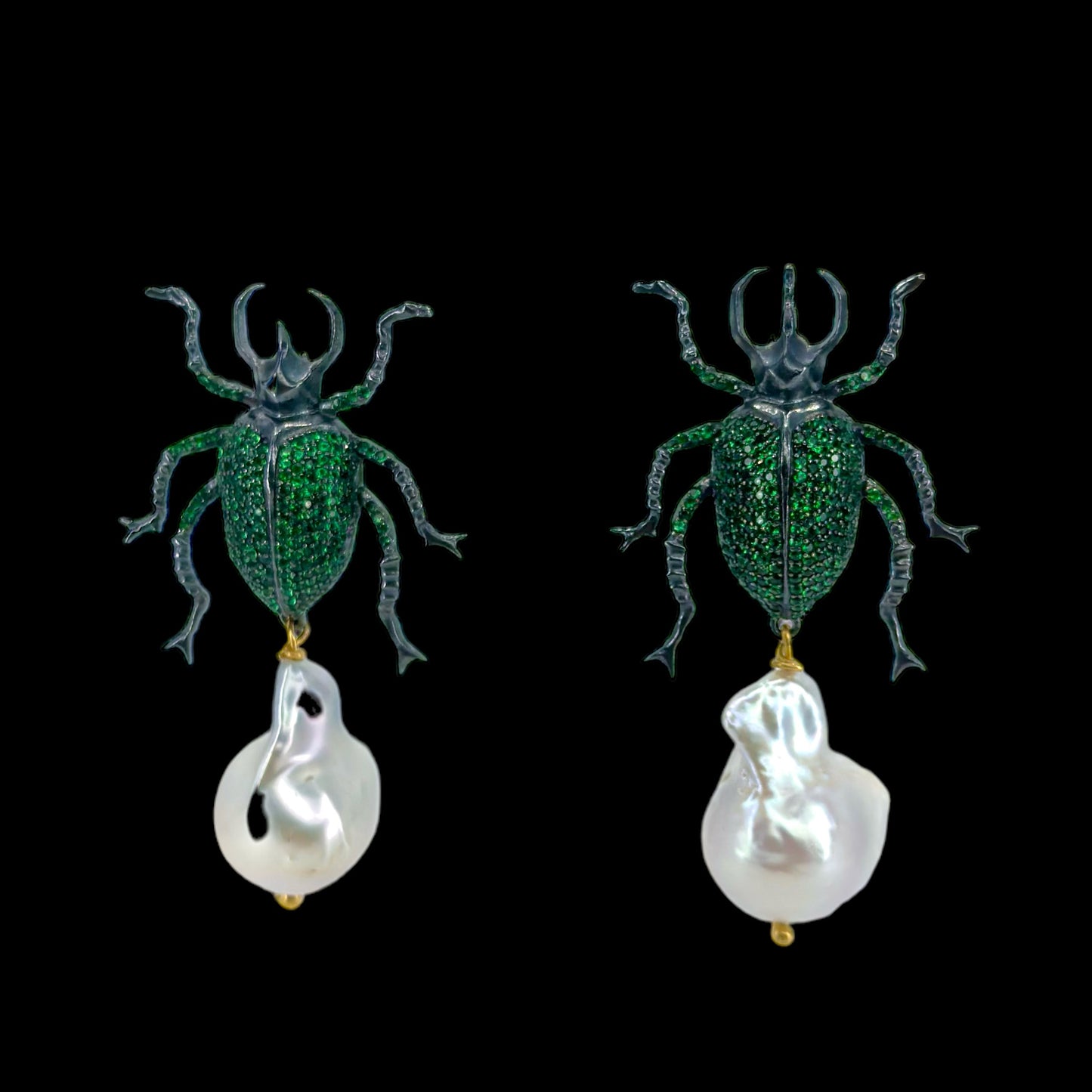 Handmade Silver Green Scarab Earrings with Baroque Pearls