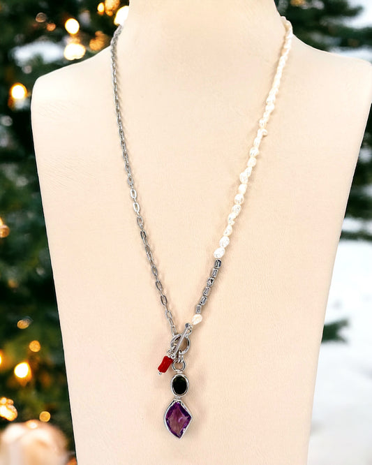 Ametist ve Yeşil Akik Taşlı Seyran Gümüş İnci Kolye