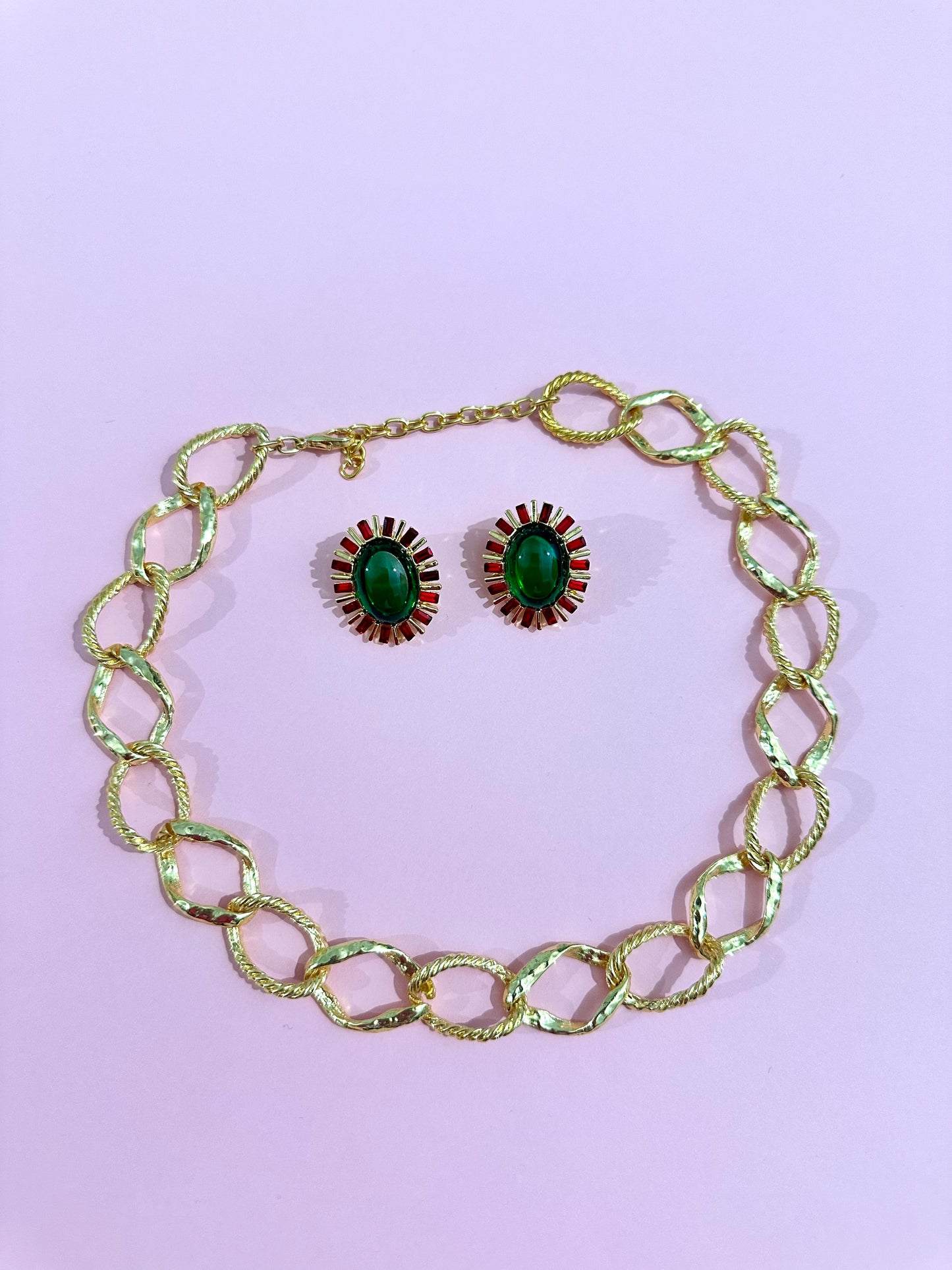 Kırmızı Yeşil Taşlı Küpe Kolye Set