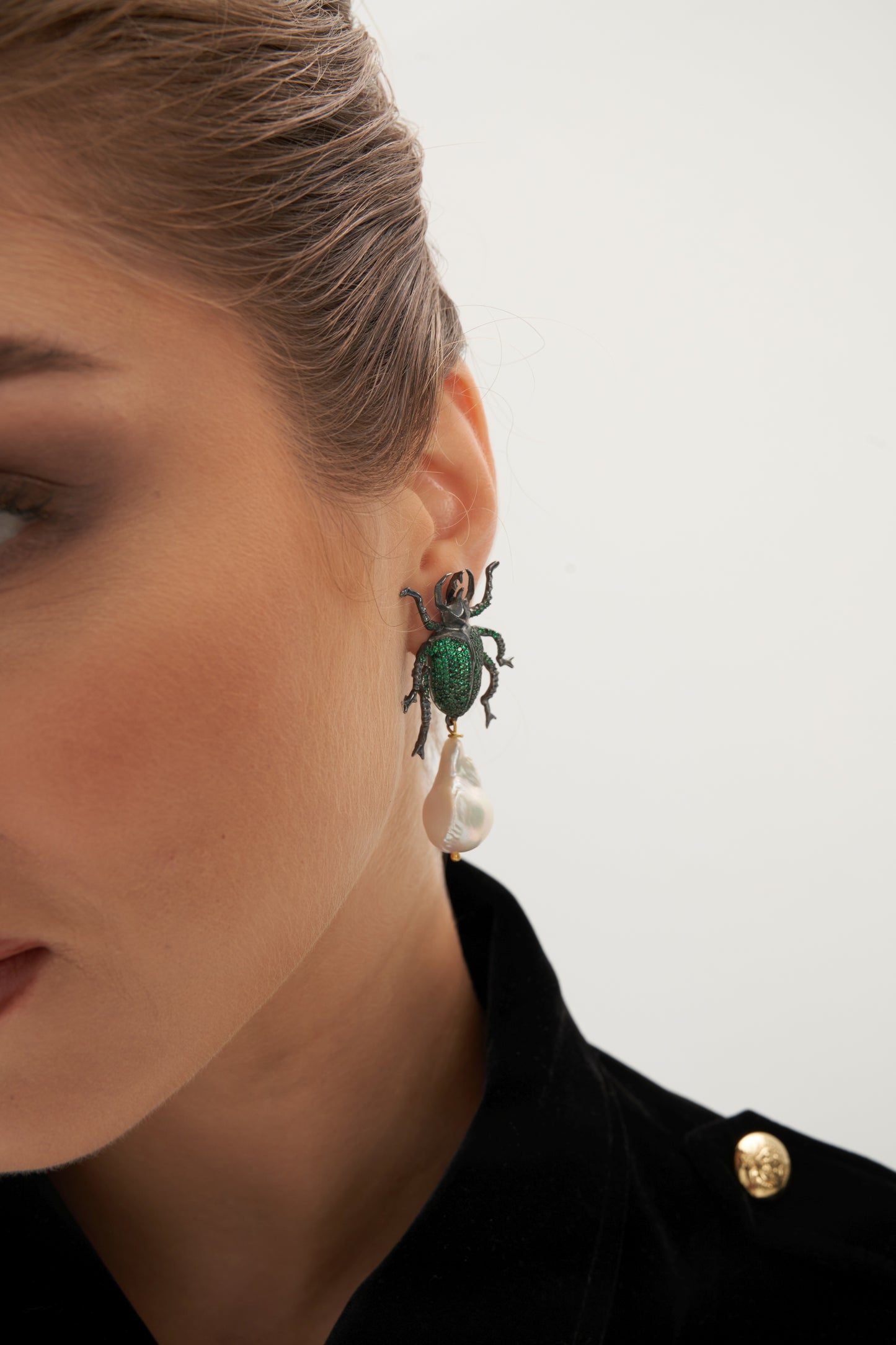 Handmade Silver Green Scarab Earrings with Baroque Pearls