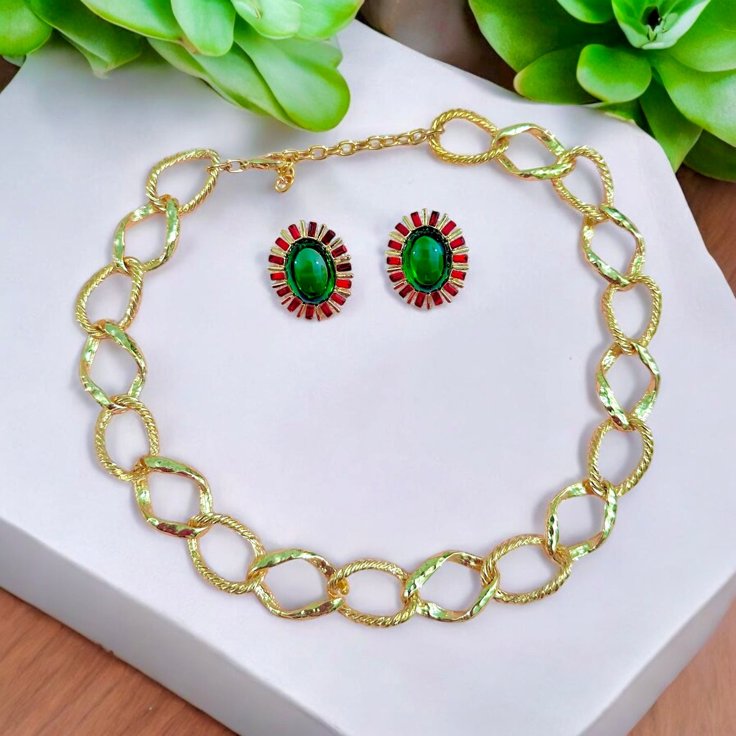 Kırmızı Yeşil Taşlı Küpe Kolye Set