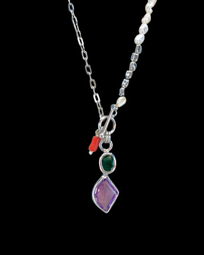 Seyran Pearl Silver Necklace with Amethyst, Green Agate & Coral