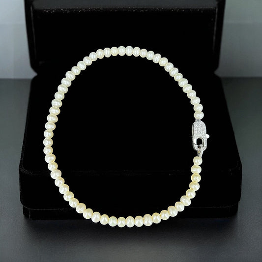 Sterling Silver Lock Design Natural Pearl Necklace with Zircon Stone Natural Pearl Bracelet