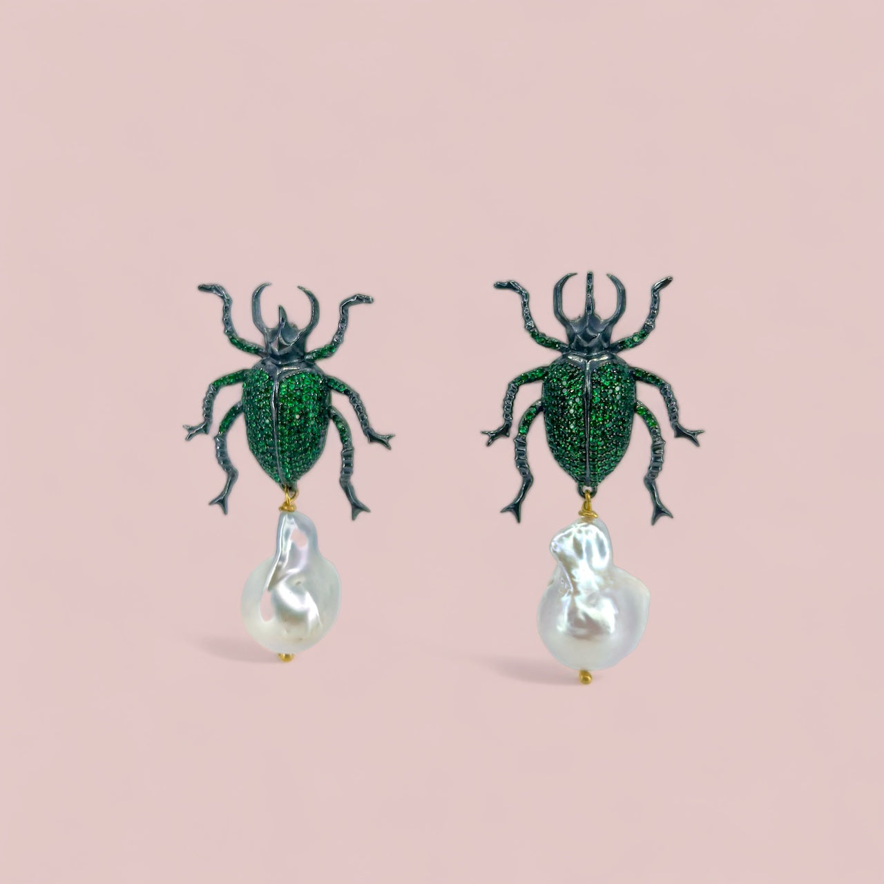 Handmade Silver Green Scarab Earrings with Baroque Pearls