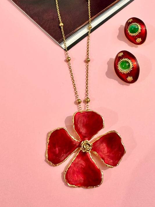 Kırmızı Yonca Kolye Küpe Set