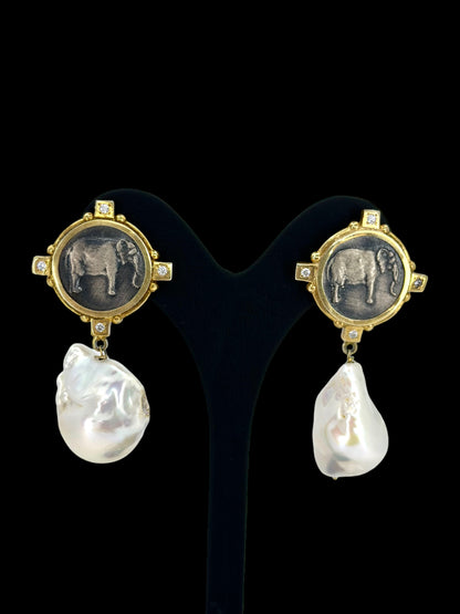 Mythical Silver Elephant Earrings with Baroque Pearls