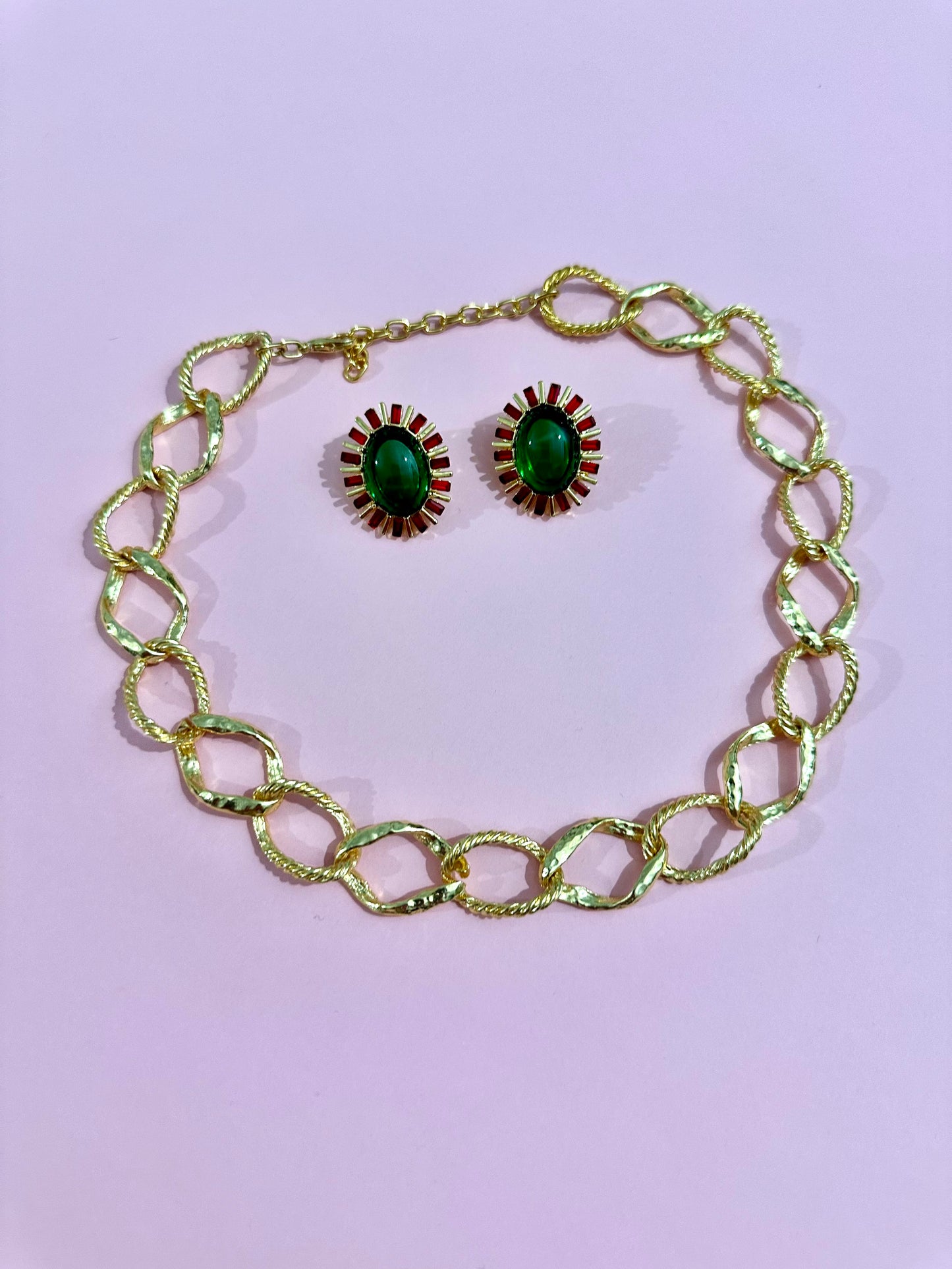 Kırmızı Yeşil Taşlı Küpe Kolye Set