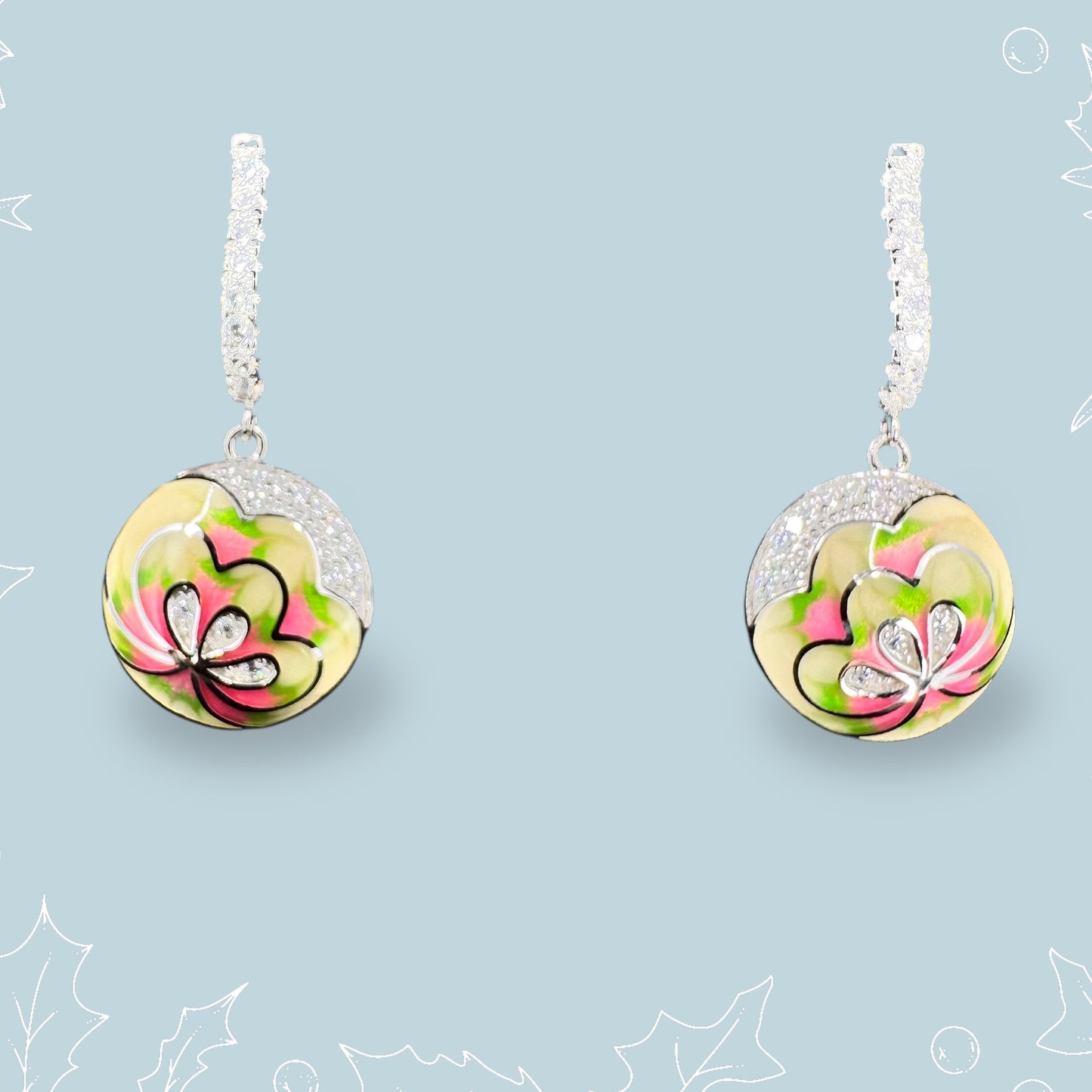 Flower-Enamel Silver Earrings