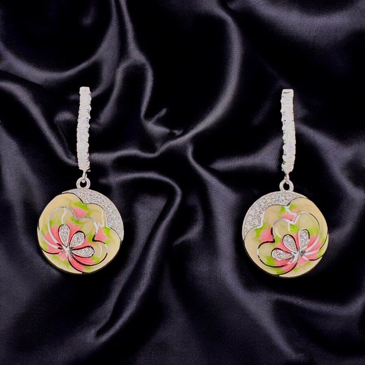 Flower-Enamel Silver Earrings