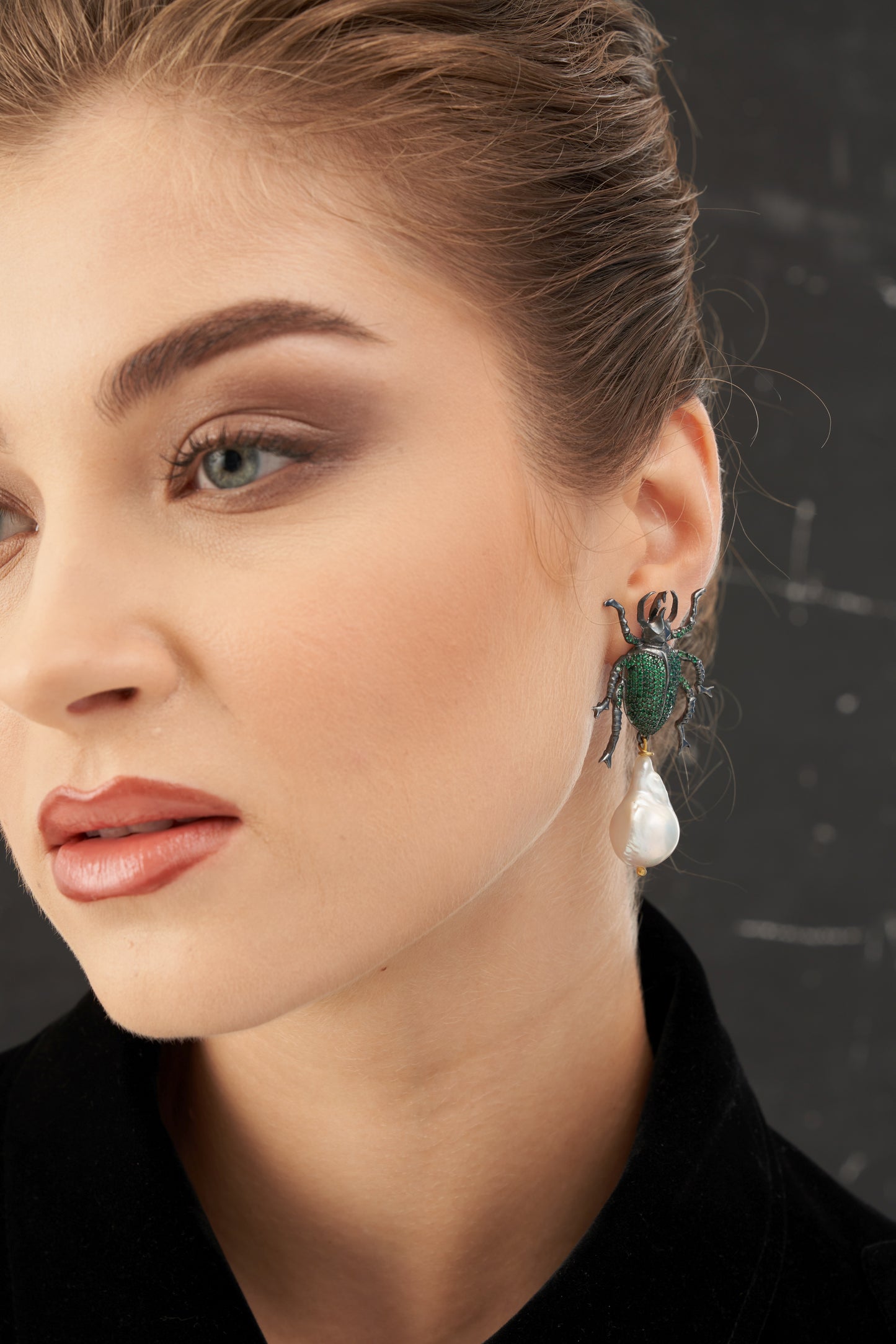 Handmade Silver Green Scarab Earrings with Baroque Pearls