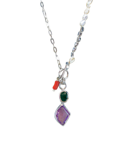 Seyran Pearl Silver Necklace with Amethyst, Green Agate & Coral