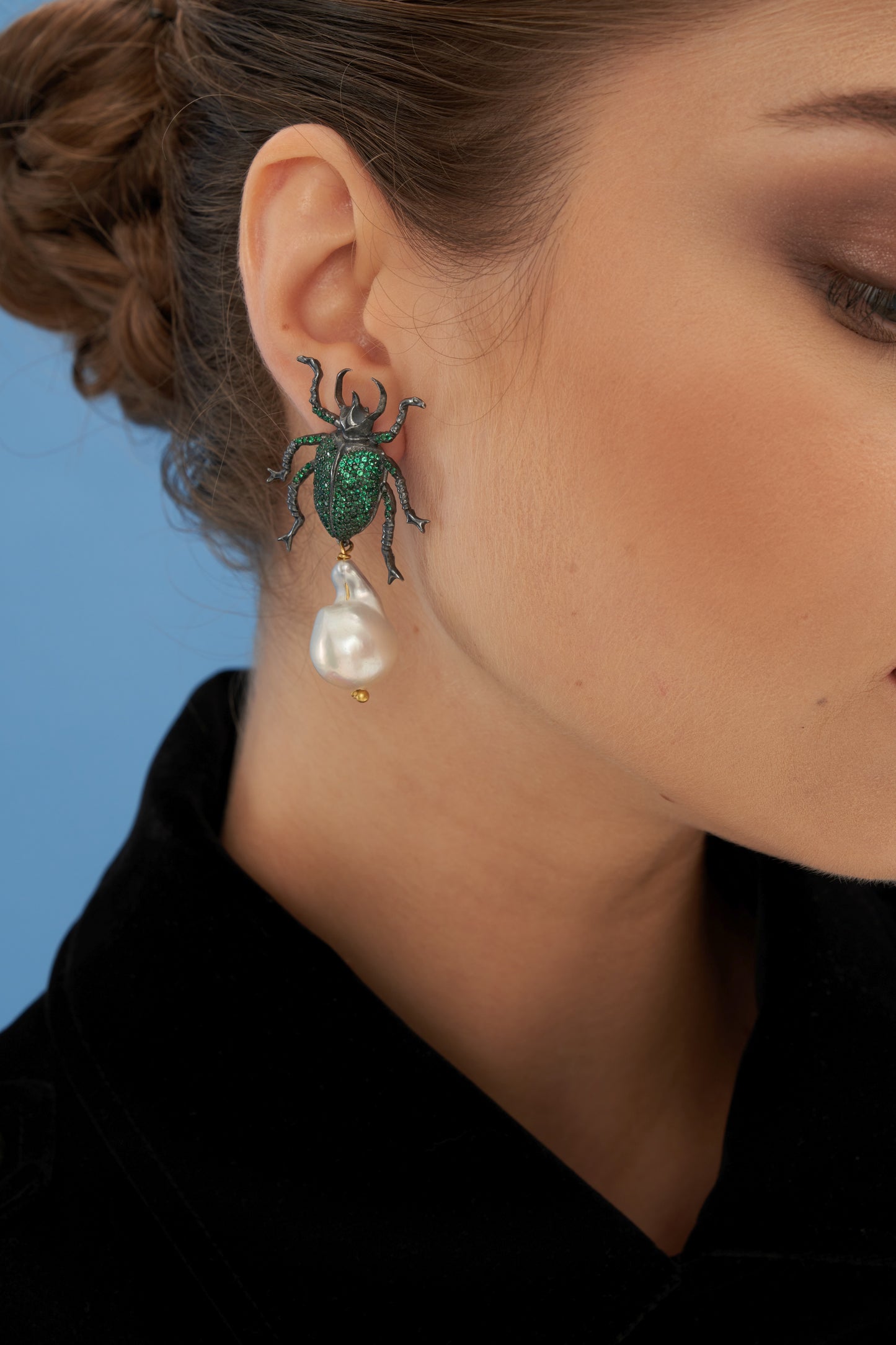 Handmade Silver Green Scarab Earrings with Baroque Pearls