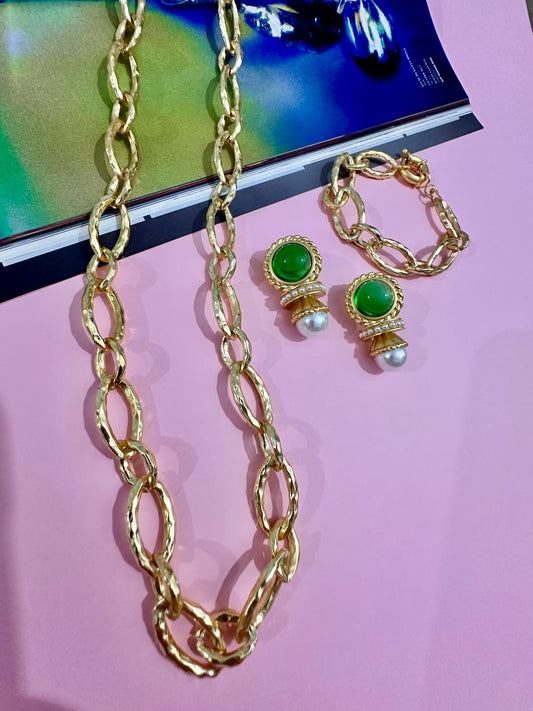 İncili Yeşil Küpe Kolye Bilezik Set