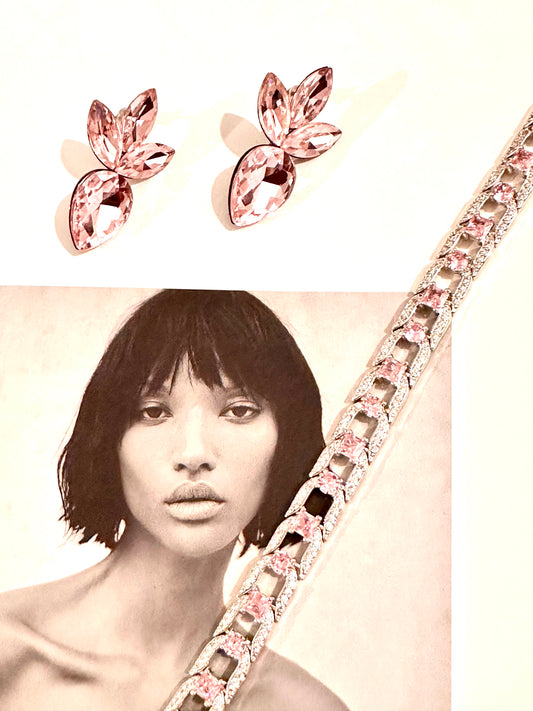Pembe Swarovski Bilezik Küpe Seti