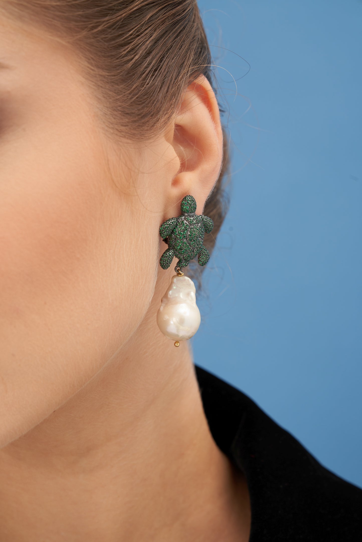 Baroque Pearl Green Turtle Earrings