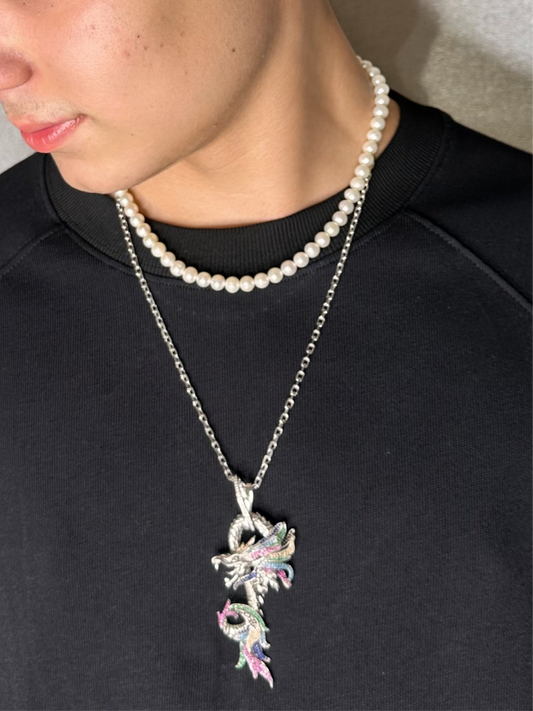 Jewelry For Men; 925 Sterling Silver Dragon Necklace and Natural Pearl Necklace