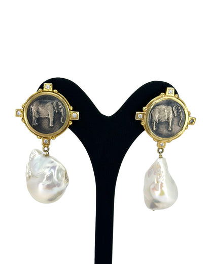 Mythical Silver Elephant Earrings with Baroque Pearls