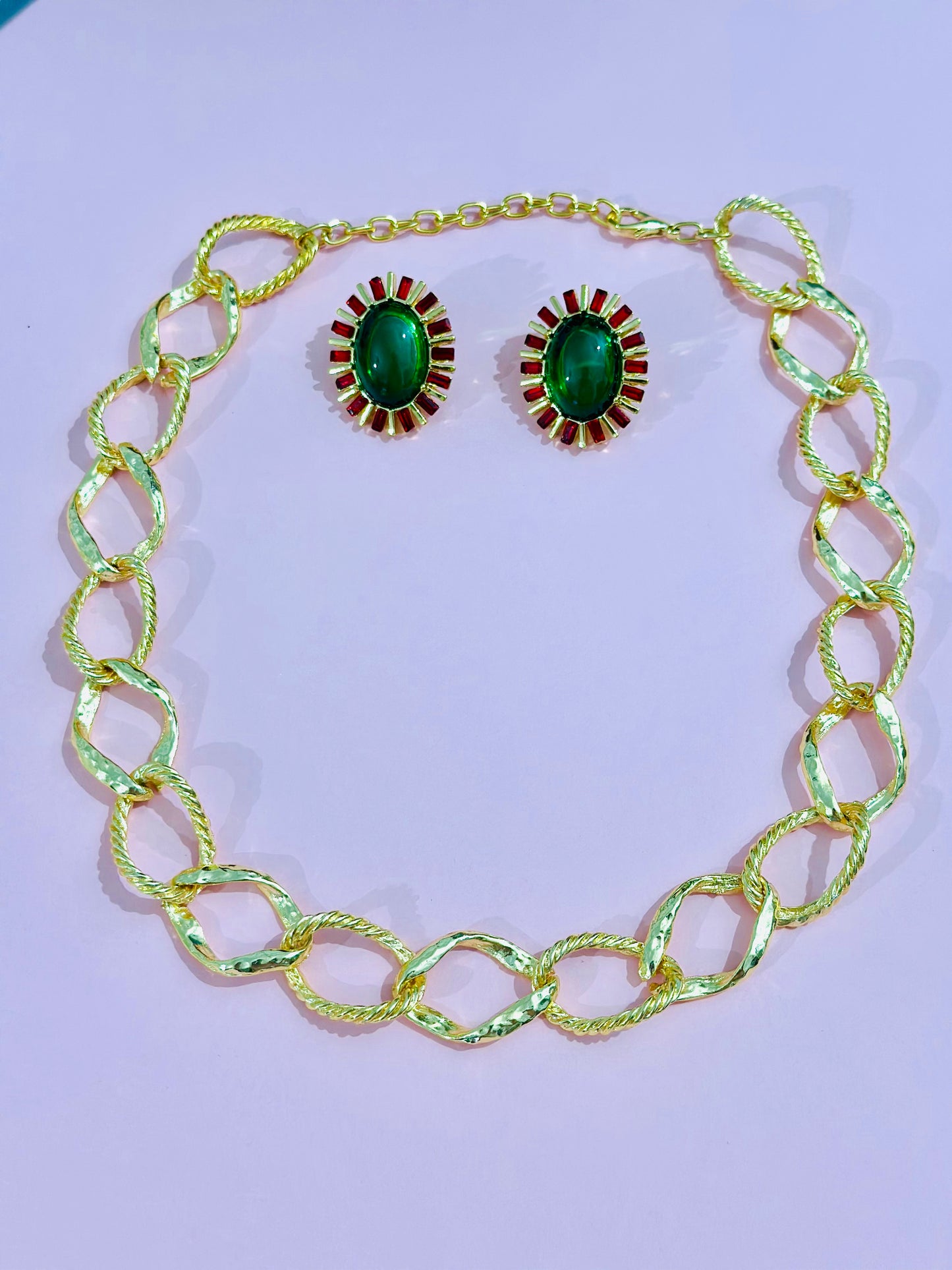Kırmızı Yeşil Taşlı Küpe Kolye Set