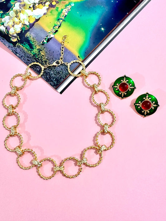 Kırmızı Taşlı Yeşil Küpe Kolye Set