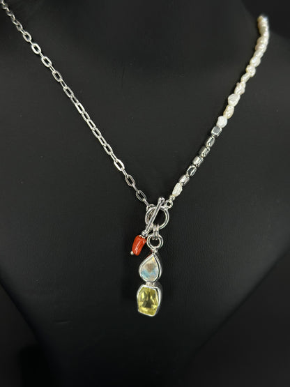 Handmade Seyran Pearl Silver Necklace with Opal - Amethyst Stones
