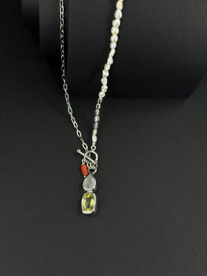 Handmade Seyran Pearl Silver Necklace with Opal - Amethyst Stones