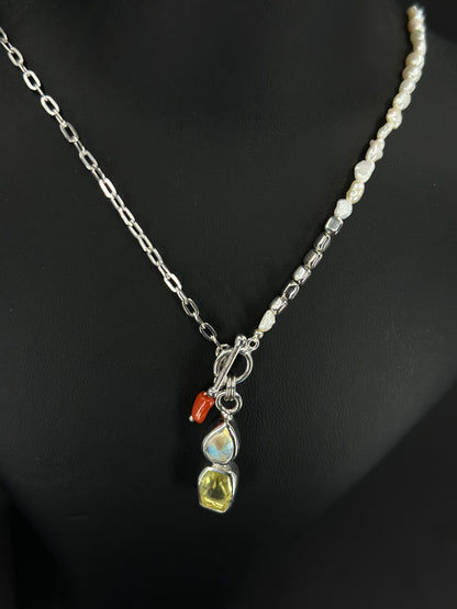 Handmade Seyran Pearl Silver Necklace with Opal - Amethyst Stones