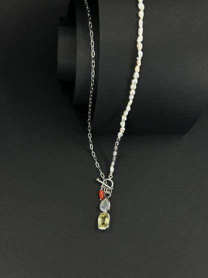 Handmade Seyran Pearl Silver Necklace with Opal - Amethyst Stones