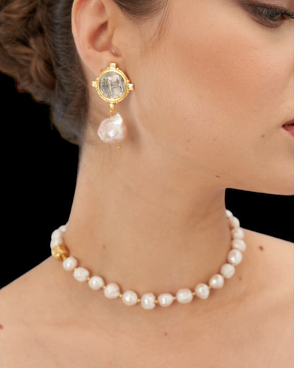 Mythical Silver Elephant Earrings with Baroque Pearls