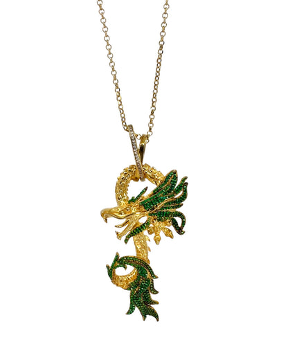 Yeşil Taşlı Gold Dragon Kolye
