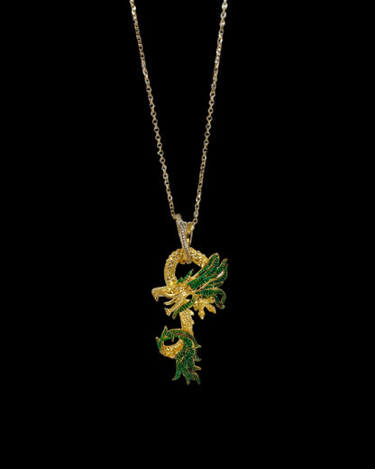 Yeşil Taşlı Gold Dragon Kolye