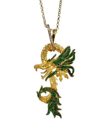 Yeşil Taşlı Gold Dragon Kolye