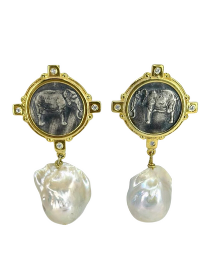 Mythical Silver Elephant Earrings with Baroque Pearls