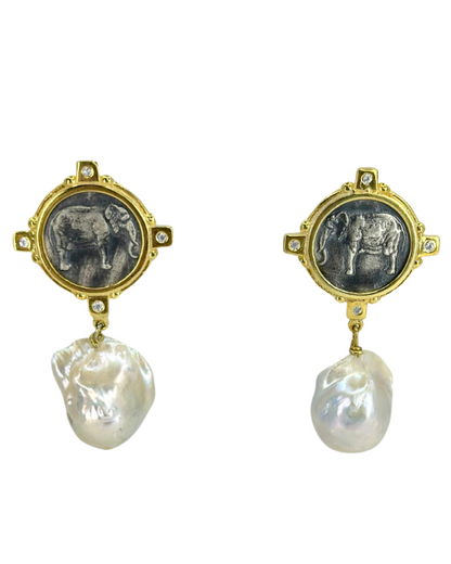 Mythical Silver Elephant Earrings with Baroque Pearls
