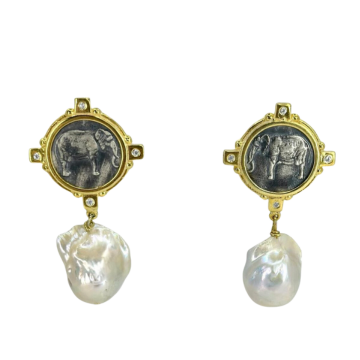 Mythical Silver Elephant Earrings with Baroque Pearls